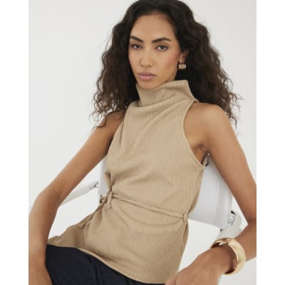 Brown Textured Tie Waist Top