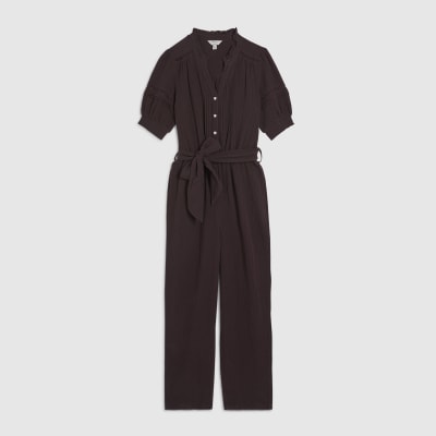 Brown Textured Wide Leg Jumpsuit