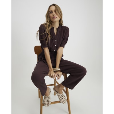 Brown Textured Wide Leg Jumpsuit