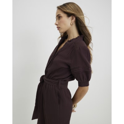 Brown Textured Wide Leg Jumpsuit
