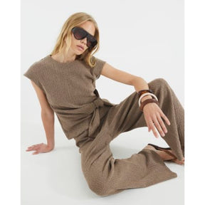 Brown Textured Wide Leg Trousers