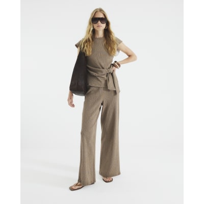 Brown Textured Wide Leg Trousers