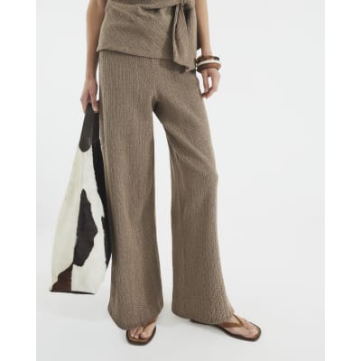Brown Textured Wide Leg Trousers