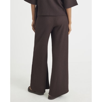 Brown Textured Wide Leg Trousers