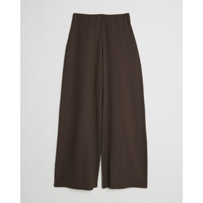 Brown Textured Wide Leg Trousers