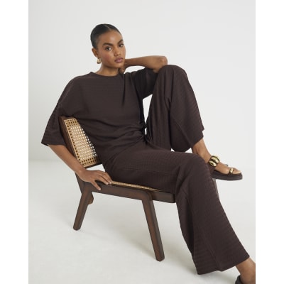 Brown Textured Wide Leg Trousers