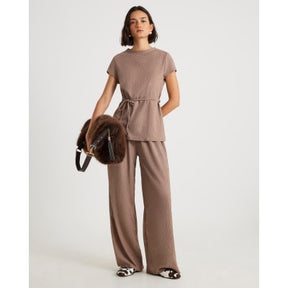 Brown Textured Wide Leg Trousers