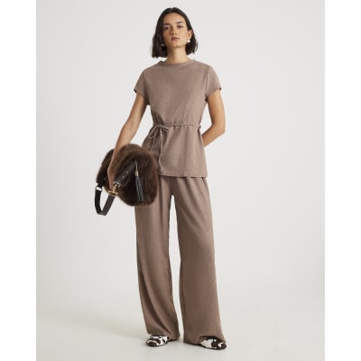 Brown Textured Wide Leg Trousers