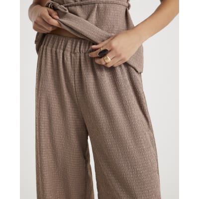 Brown Textured Wide Leg Trousers