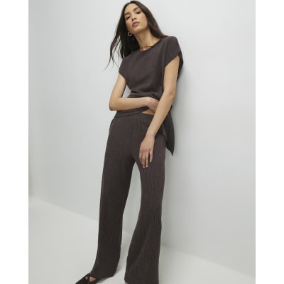 Brown Textured Wide Leg Trousers