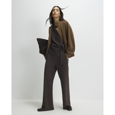 Brown Textured Wide Leg Trousers