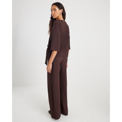 Brown Textured Wide leg Trousers