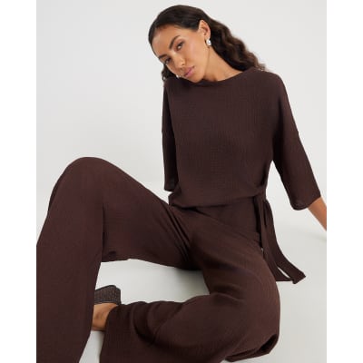 Brown Textured Wide leg Trousers