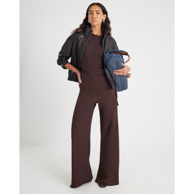 Brown Textured Wide leg Trousers