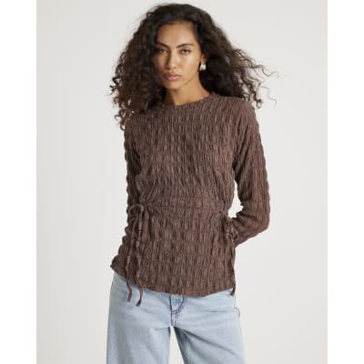 Brown Tie Side Textured Top