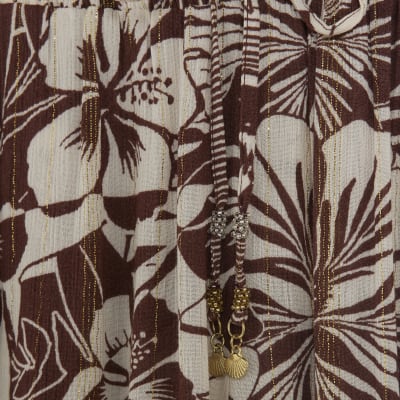 Brown Tropical Print Beach Trousers