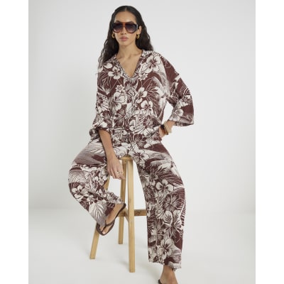 Brown Tropical Print Beach Trousers
