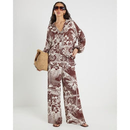 Brown Tropical Print Beach Trousers