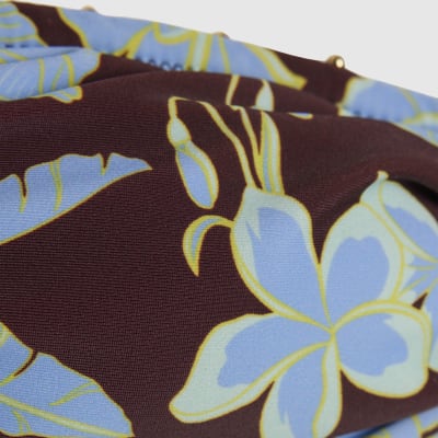 Brown Tropical Print Halter Bandeau Bikini