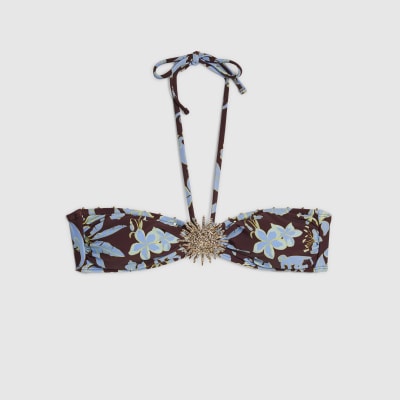 Brown Tropical Print Halter Bandeau Bikini