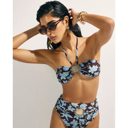 Brown Tropical Print Halter Bandeau Bikini