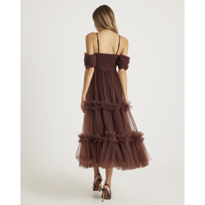Brown Tulle Ruffle Midi Dress