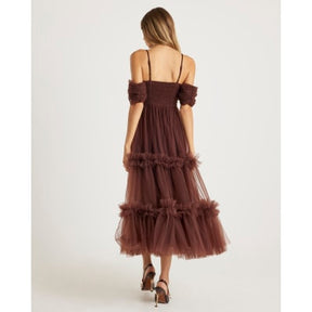 Brown Tulle Ruffle Midi Dress