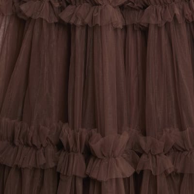Brown Tulle Ruffle Midi Dress