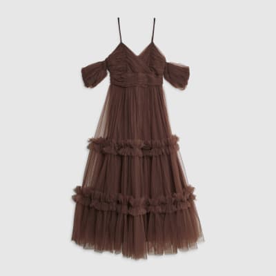 Brown Tulle Ruffle Midi Dress