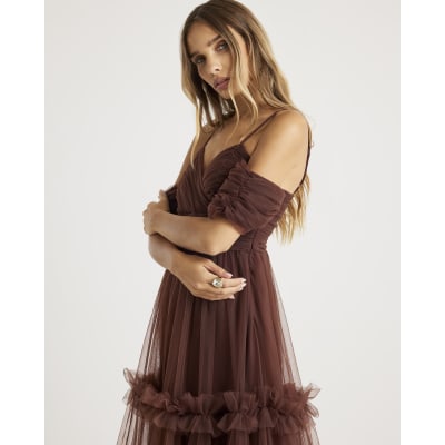 Brown Tulle Ruffle Midi Dress