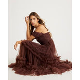 Brown Tulle Ruffle Midi Dress