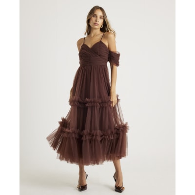Brown Tulle Ruffle Midi Dress