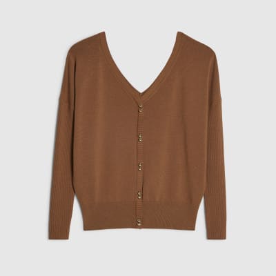 Brown V Neck Button Jumper