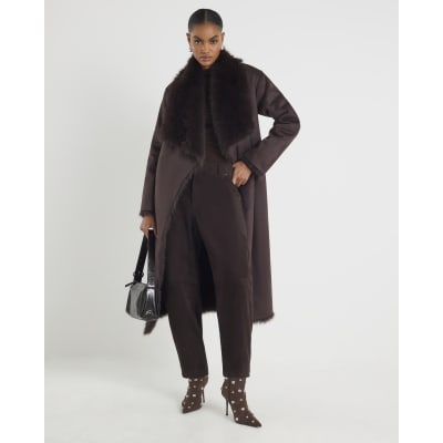 Brown Waterfall Faux Fur Coat