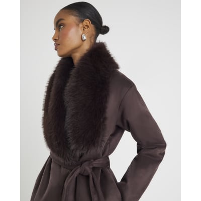 Brown Waterfall Faux Fur Coat