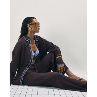 Brown Whipstitch Drawstring Trousers