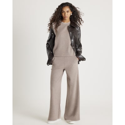 Brown Whipstitch Wide Leg Joggers