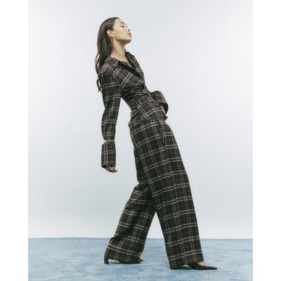 Brown Wide Leg Check Trousers