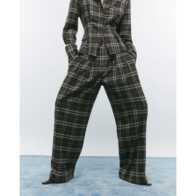 Brown Wide Leg Check Trousers
