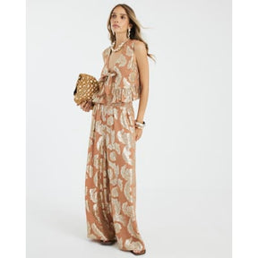 Brown Wide Leg Gold Floral Trousers