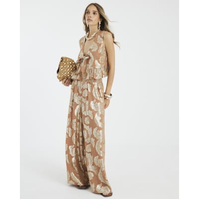 Brown Wide Leg Gold Floral Trousers