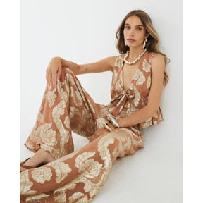 Brown Wide Leg Gold Floral Trousers