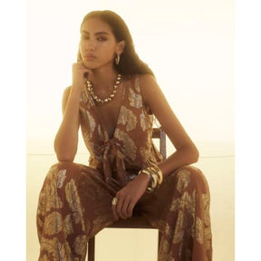 Brown Wide Leg Gold Floral Trousers