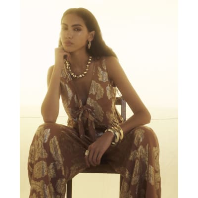 Brown Wide Leg Gold Floral Trousers