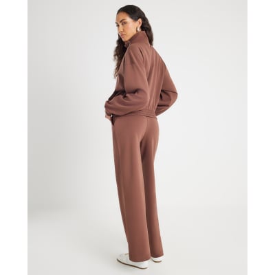 Brown Wide Leg Pintuck Joggers