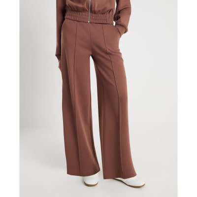 Brown Wide Leg Pintuck Joggers