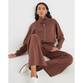 Brown Wide Leg Pintuck Joggers