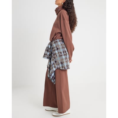 Brown Wide Leg Pintuck Joggers