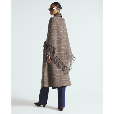 Brown Wool Blend Check Scarf And Trench Coat