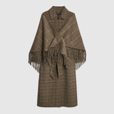 Brown Wool Blend Check Scarf And Trench Coat